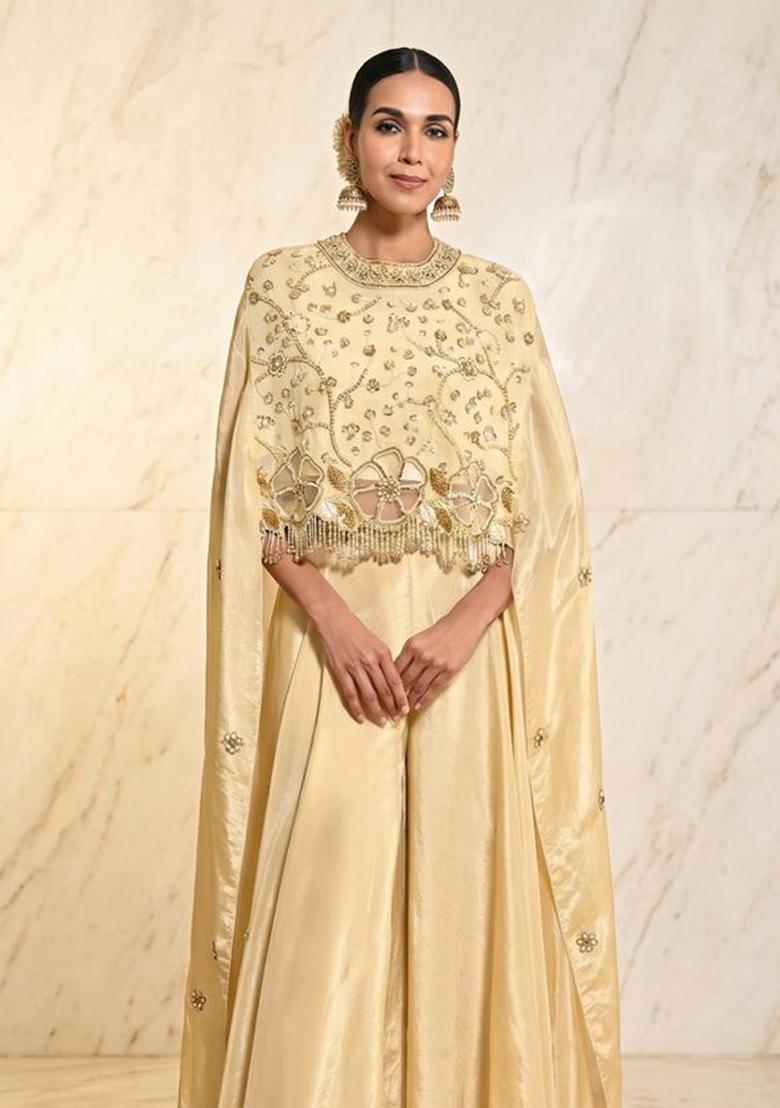Champagne Beige Embroidered Handwork Fusion Set - Indya