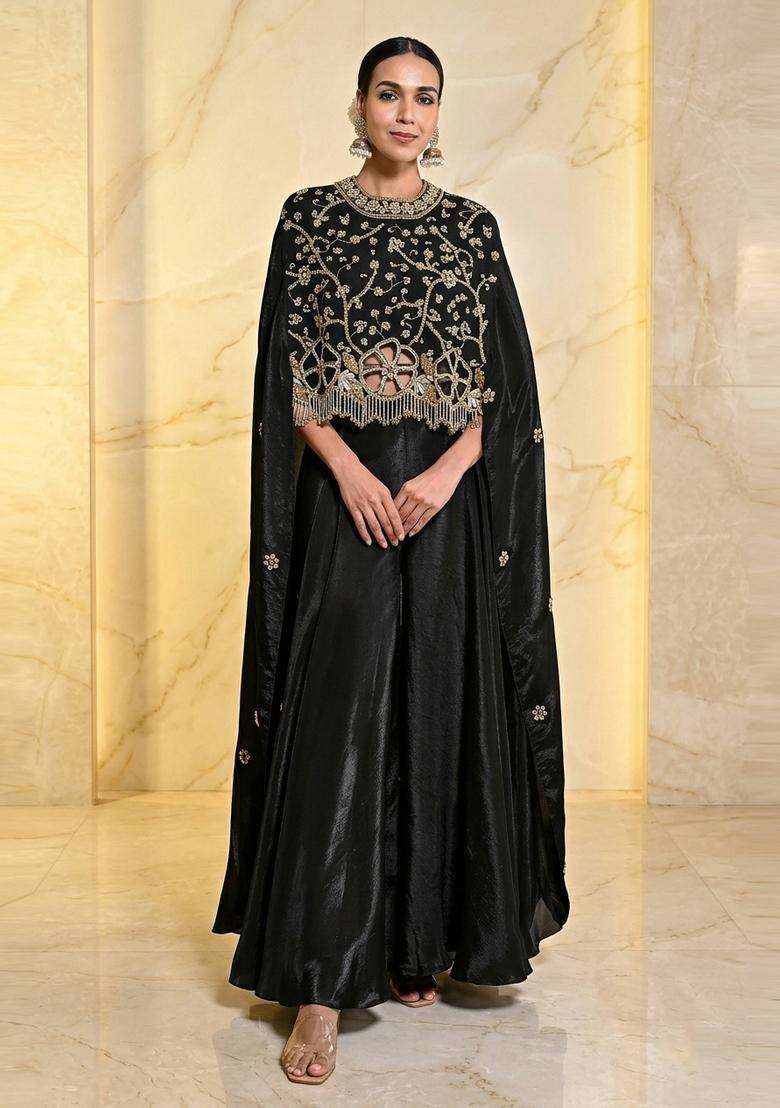 Jet Black Embroidered Handwork Fusion Set - Indya