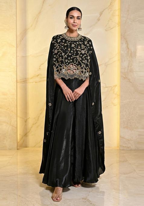 Jet Black Embroidered Handwork Fusion Set