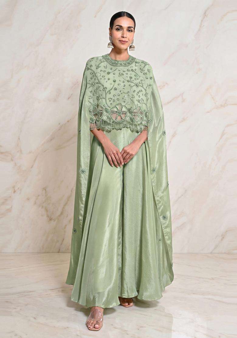 Sage Green Embroidered Handwork Fusion Set - Indya