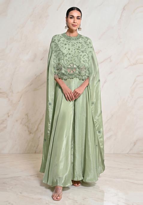 Sage Green Embroidered Handwork Fusion Set