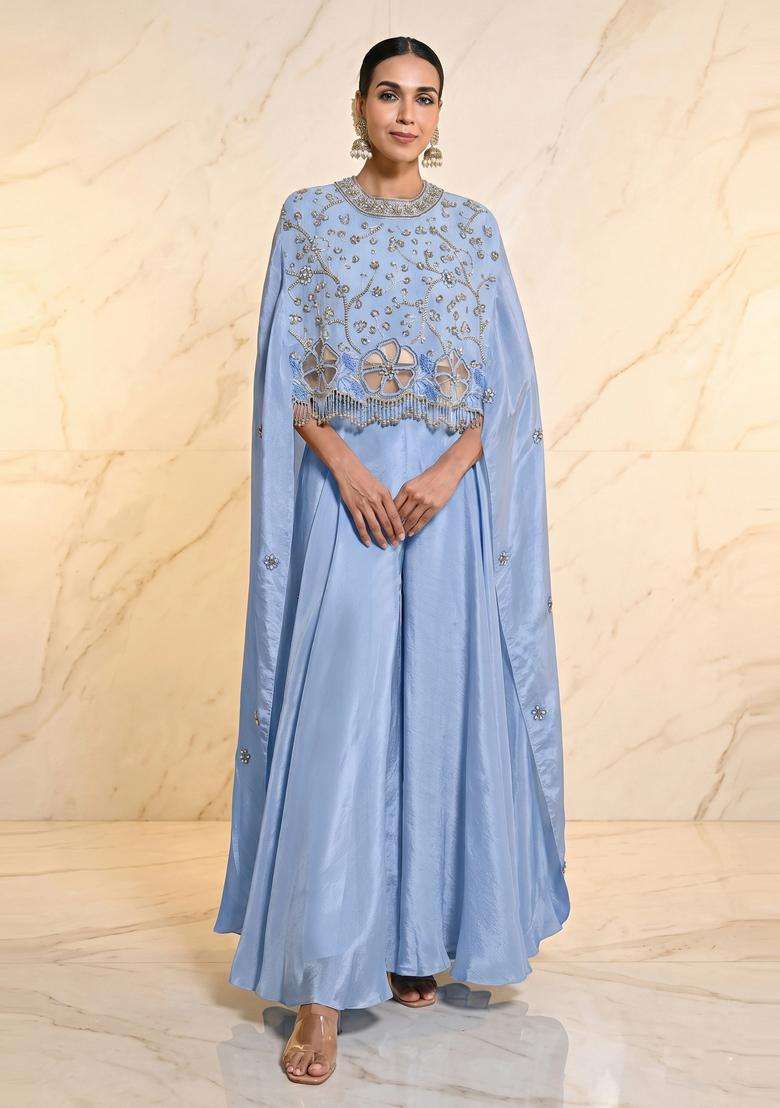 Powder Blue Embroidered Handwork Fusion Set - Indya
