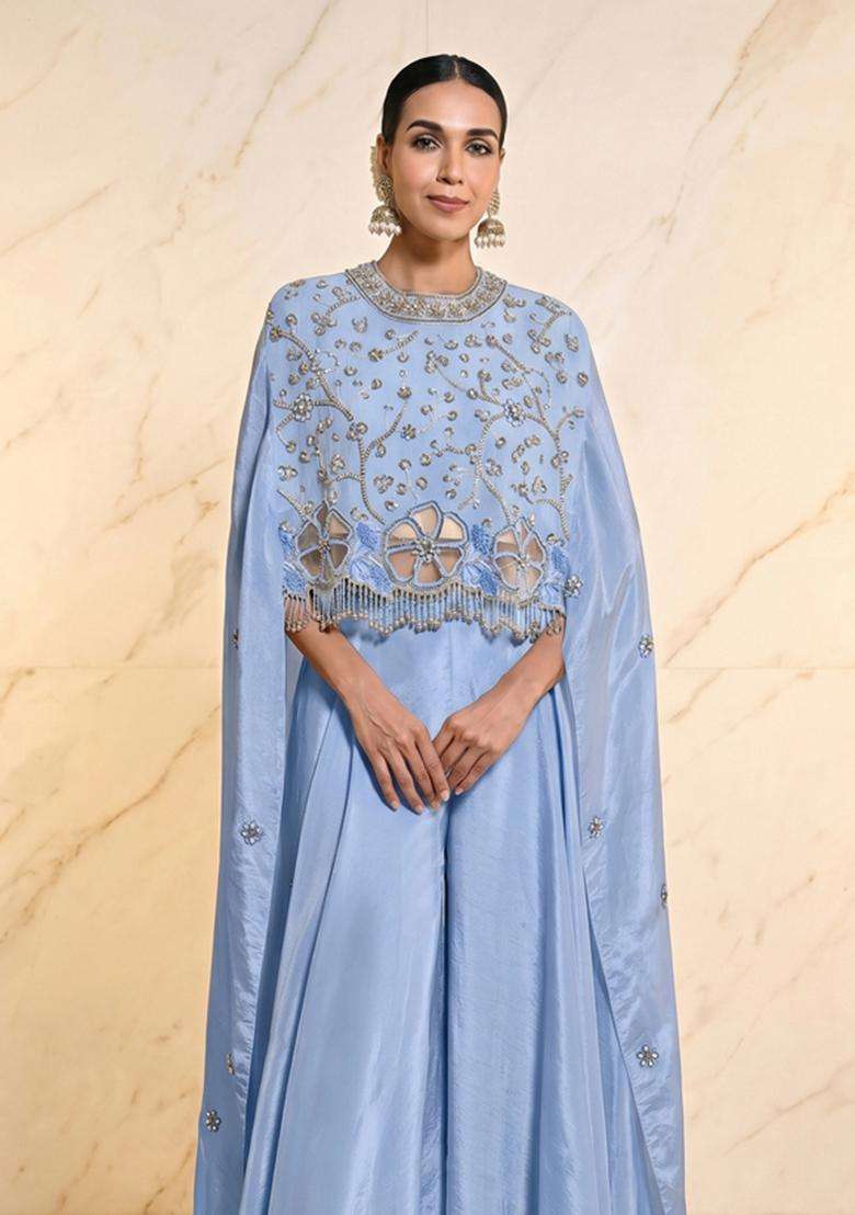 Powder Blue Embroidered Handwork Fusion Set - Indya