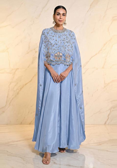 Powder Blue Embroidered Handwork Fusion Set