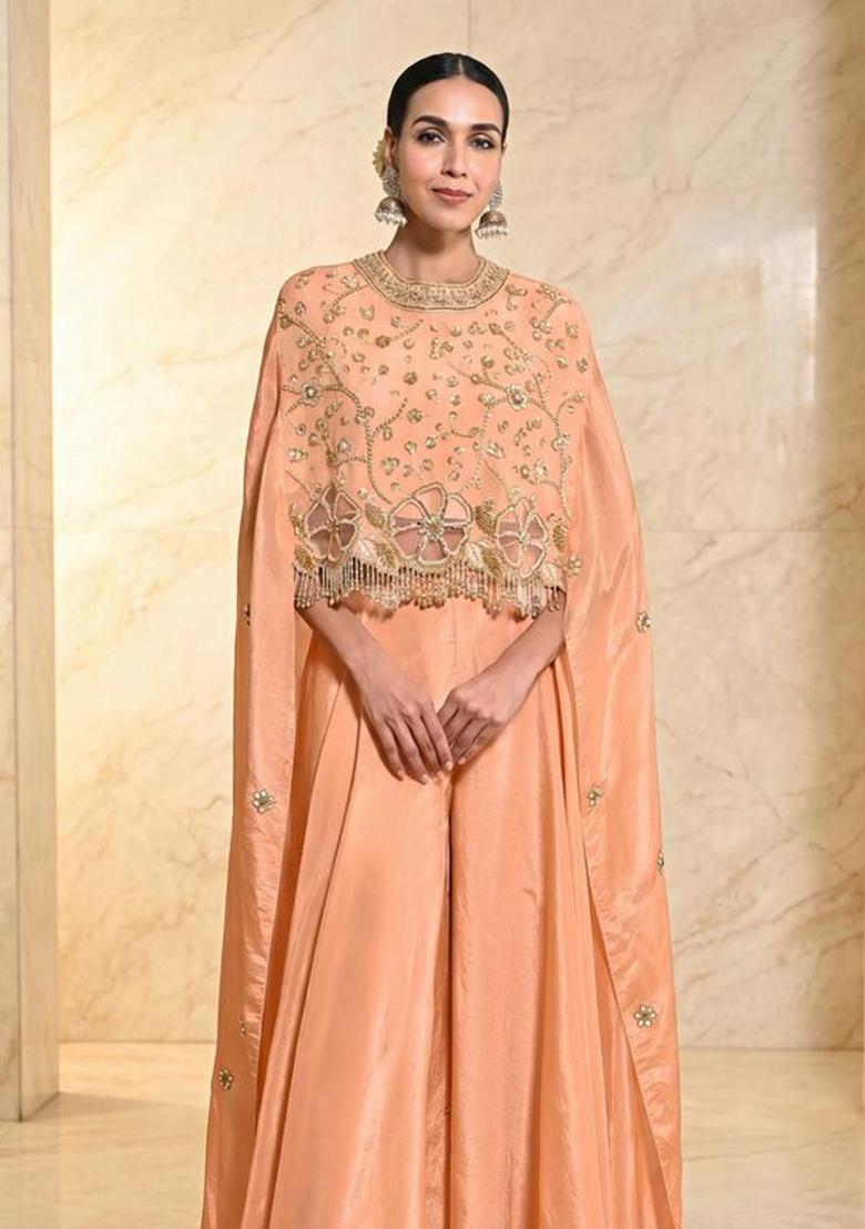 Peach Embroidered Handwork Fusion Set - Indya