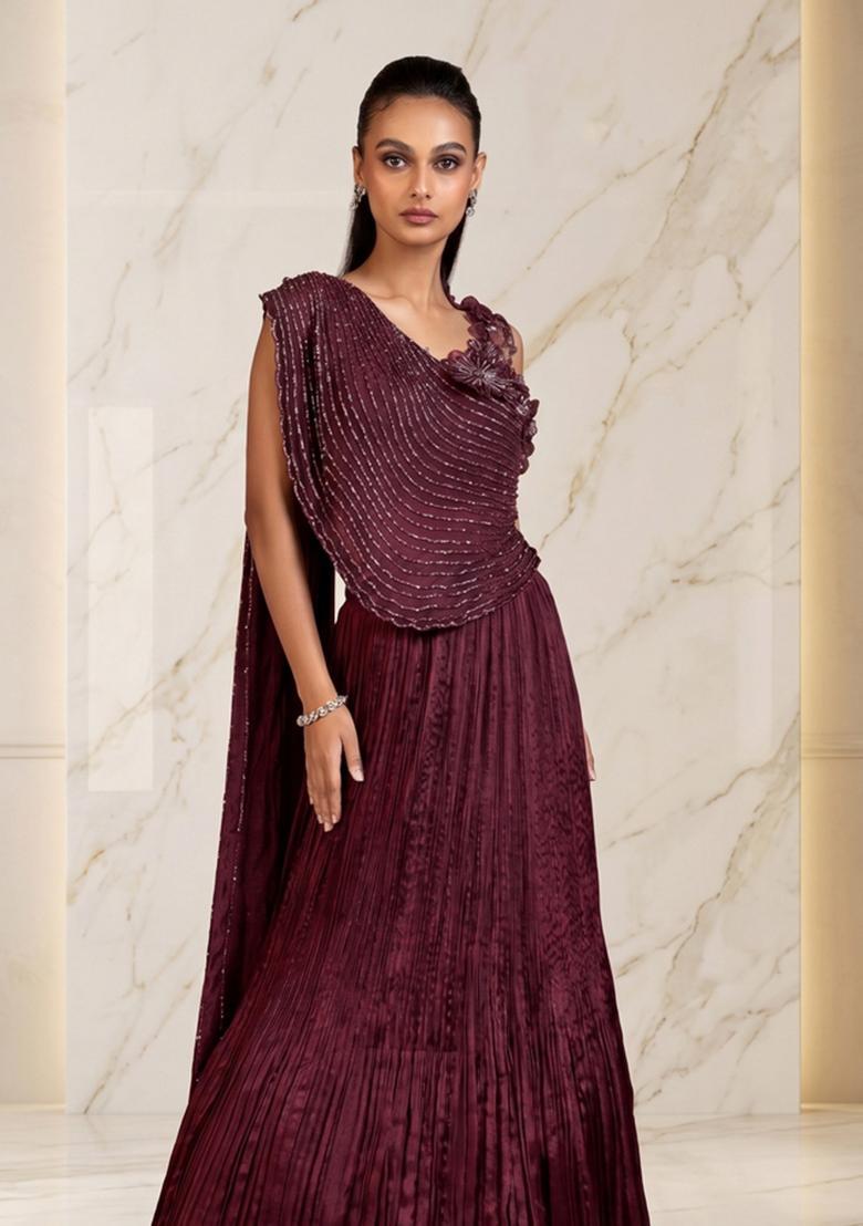 Deep Wine Embroidered Handwork Lehenga Set - Indya