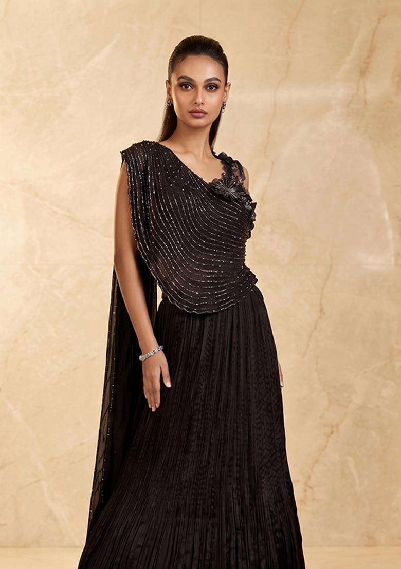Jet Black Embroidered Handwork Lehenga Set - Indya