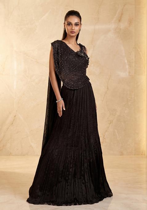 Jet Black Embroidered Handwork Lehenga Set