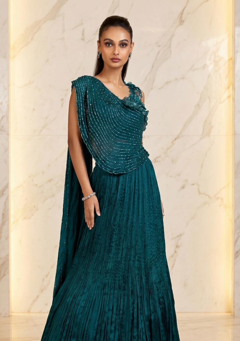 Teal Embroidered Handwork Lehenga Set - Indya