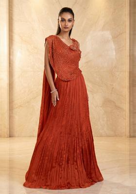 Rust Orange Embroidered Handwork Lehenga Set