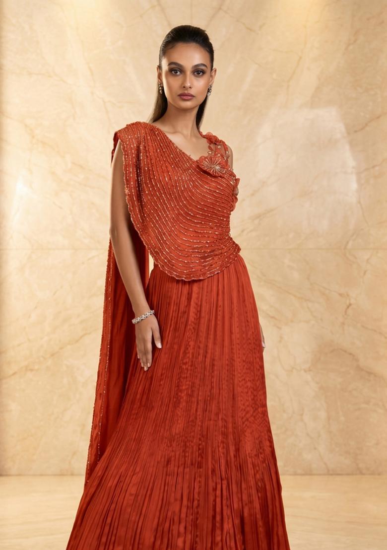 Rust Orange Embroidered Handwork Lehenga Set - Indya
