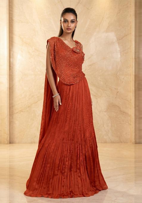 Rust Orange Embroidered Handwork Lehenga Set