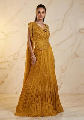 Mustard Yellow Embroidered Handwork Lehenga Set