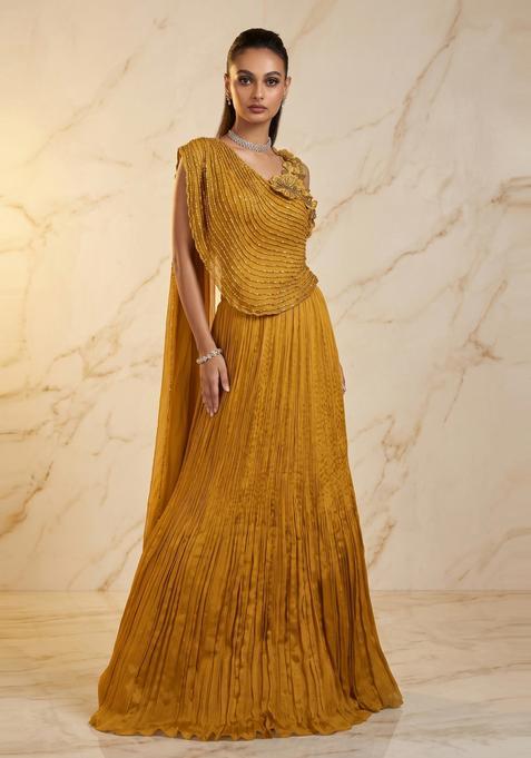 Mustard Yellow Embroidered Handwork Lehenga Set