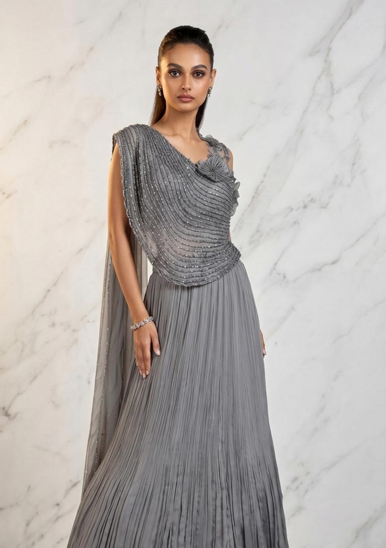 Slate Grey Embroidered Handwork Lehenga Set - Indya