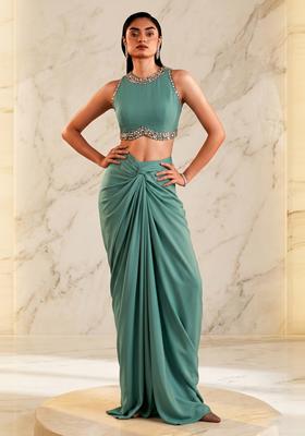 Sage Green Embroidered Handwork Fusion Set