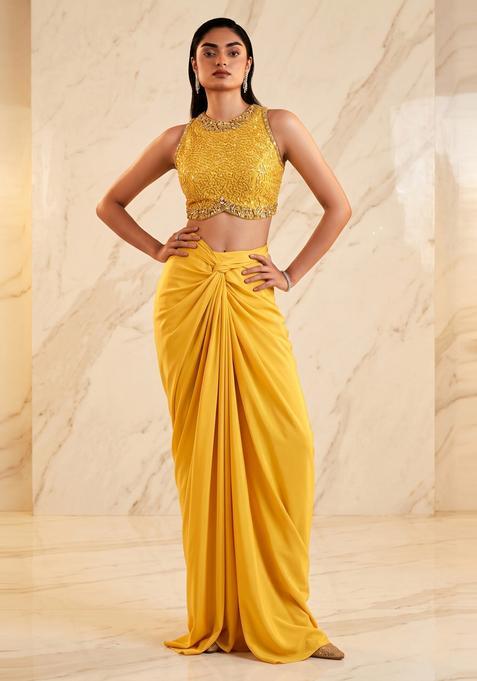 Mustard Yellow Embroidered Handwork Fusion Set