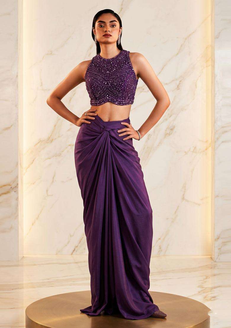 Deep Purple Embroidered Handwork Fusion Set - Indya