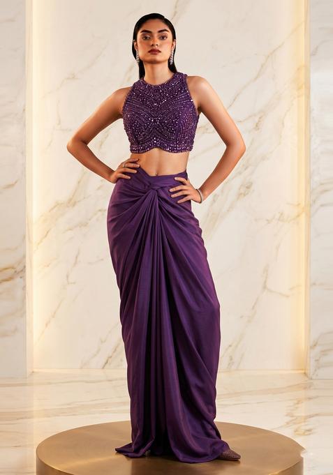 Deep Purple Embroidered Handwork Fusion Set