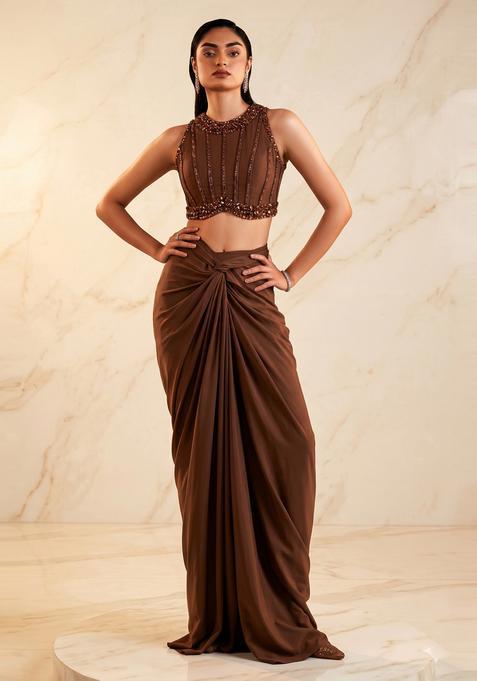 Dark Brown Embroidered Handwork Fusion Set
