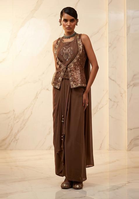 Dark Brown Embroidered Handwork Fusion Set
