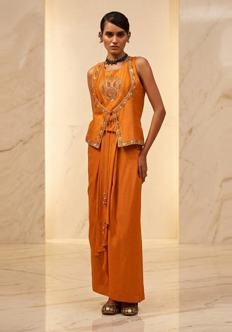 Bright Orange Embroidered Handwork Fusion Set