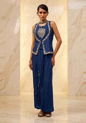 Royal Blue Embroidered Handwork Fusion Set