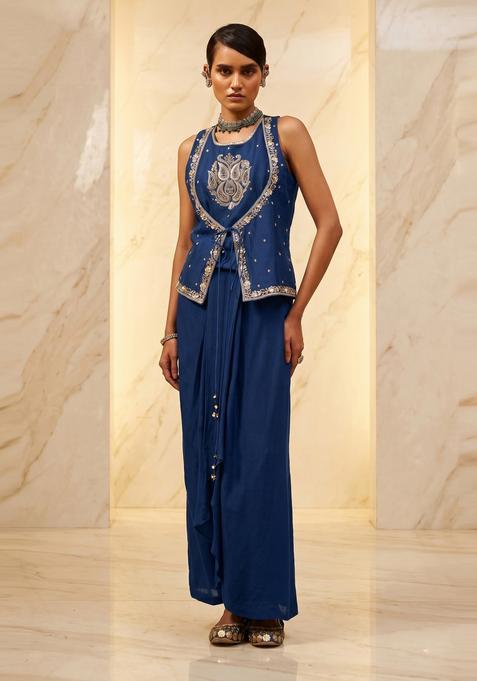 Royal Blue Embroidered Handwork Fusion Set