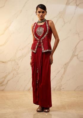 Maroon Embroidered Handwork Fusion Set