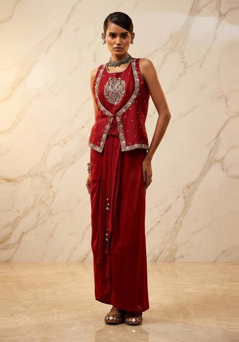 Maroon Embroidered Handwork Fusion Set
