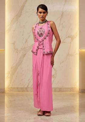 Pink Embroidered Handwork Fusion Set
