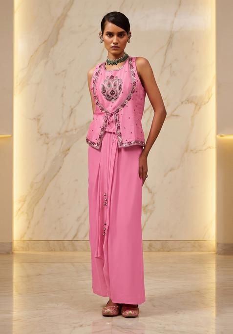 Pink Embroidered Handwork Fusion Set