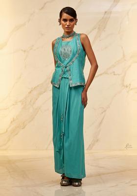 Teal Embroidered Handwork Fusion Set
