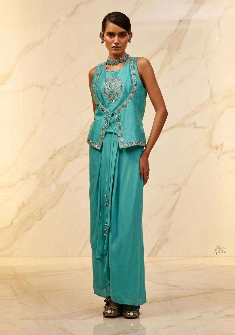 Teal Embroidered Handwork Fusion Set - Indya