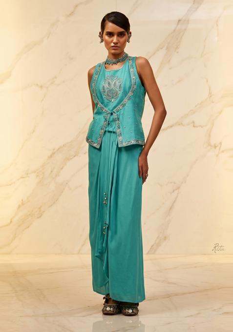 Teal Embroidered Handwork Fusion Set