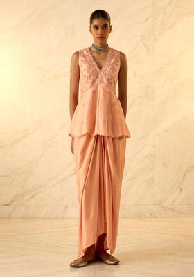 Peach Embroidered Handwork Fusion Set