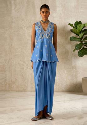 Powder Blue Embroidered Handwork Fusion Set