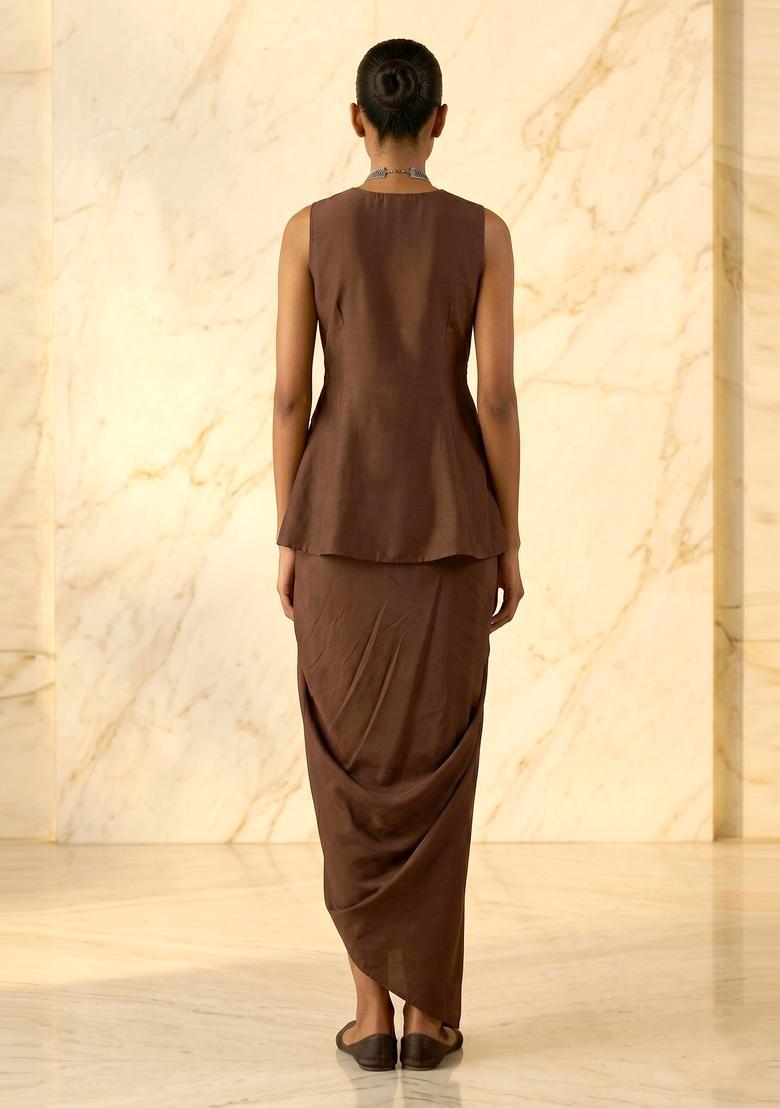 Brown Embroidered Handwork Fusion Set - Indya