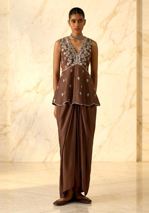 Brown Embroidered Handwork Fusion Set