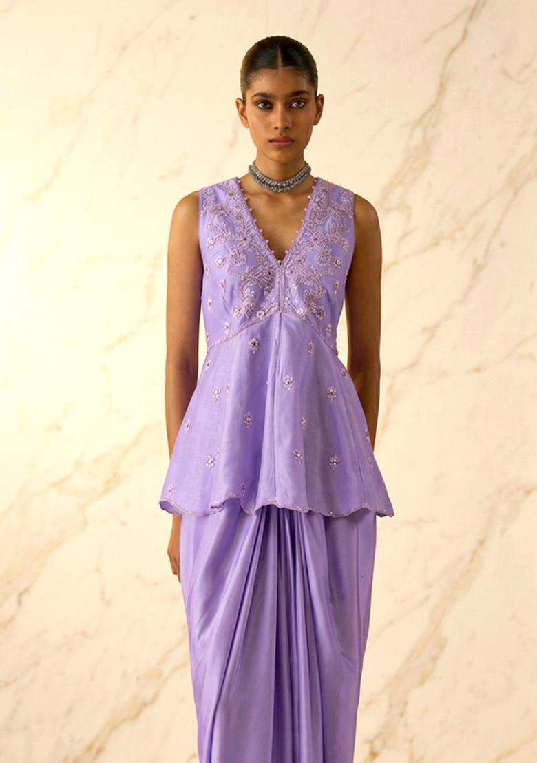Purple Embroidered Handwork Fusion Set - Indya