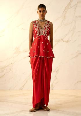 Red Embroidered Handwork Fusion Set