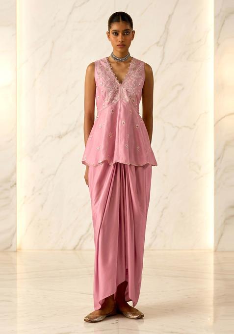 Pink Embroidered Handwork Fusion Set