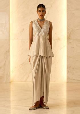 Beige Embroidered Handwork Fusion Set
