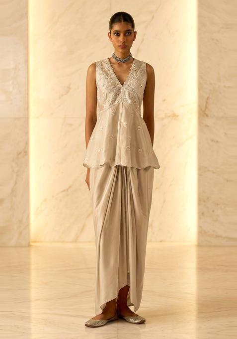 Beige Embroidered Handwork Fusion Set