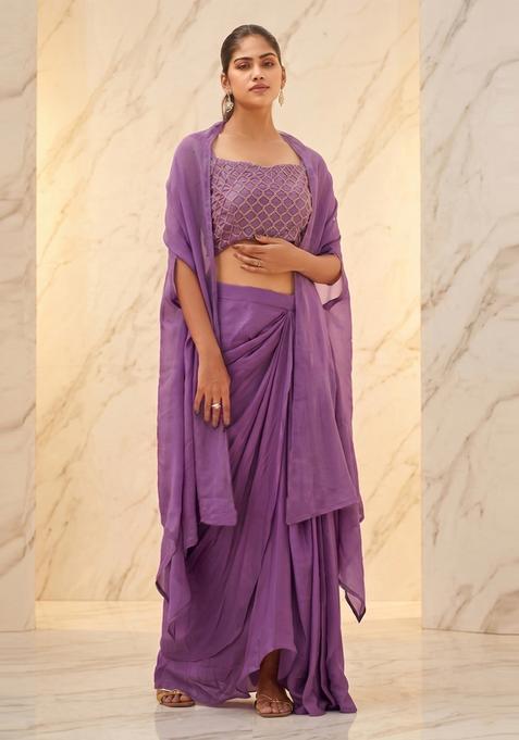 Purple Embroidered Handwork Fusion Set