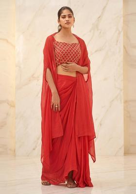 Red Embroidered Handwork Fusion Set