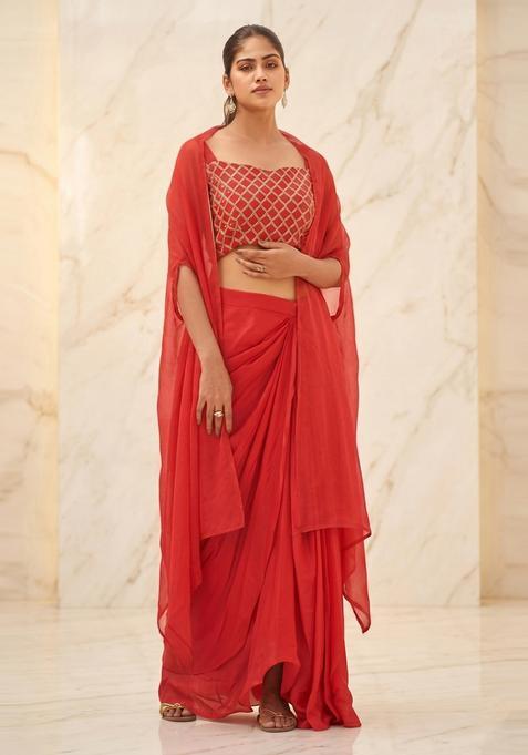 Red Embroidered Handwork Fusion Set