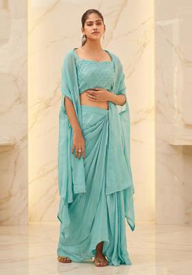 Teal Embroidered Handwork Fusion Set