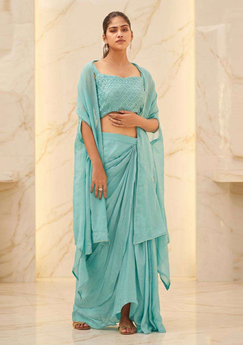 Teal Embroidered Handwork Fusion Set - Indya