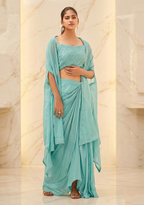 Teal Embroidered Handwork Fusion Set